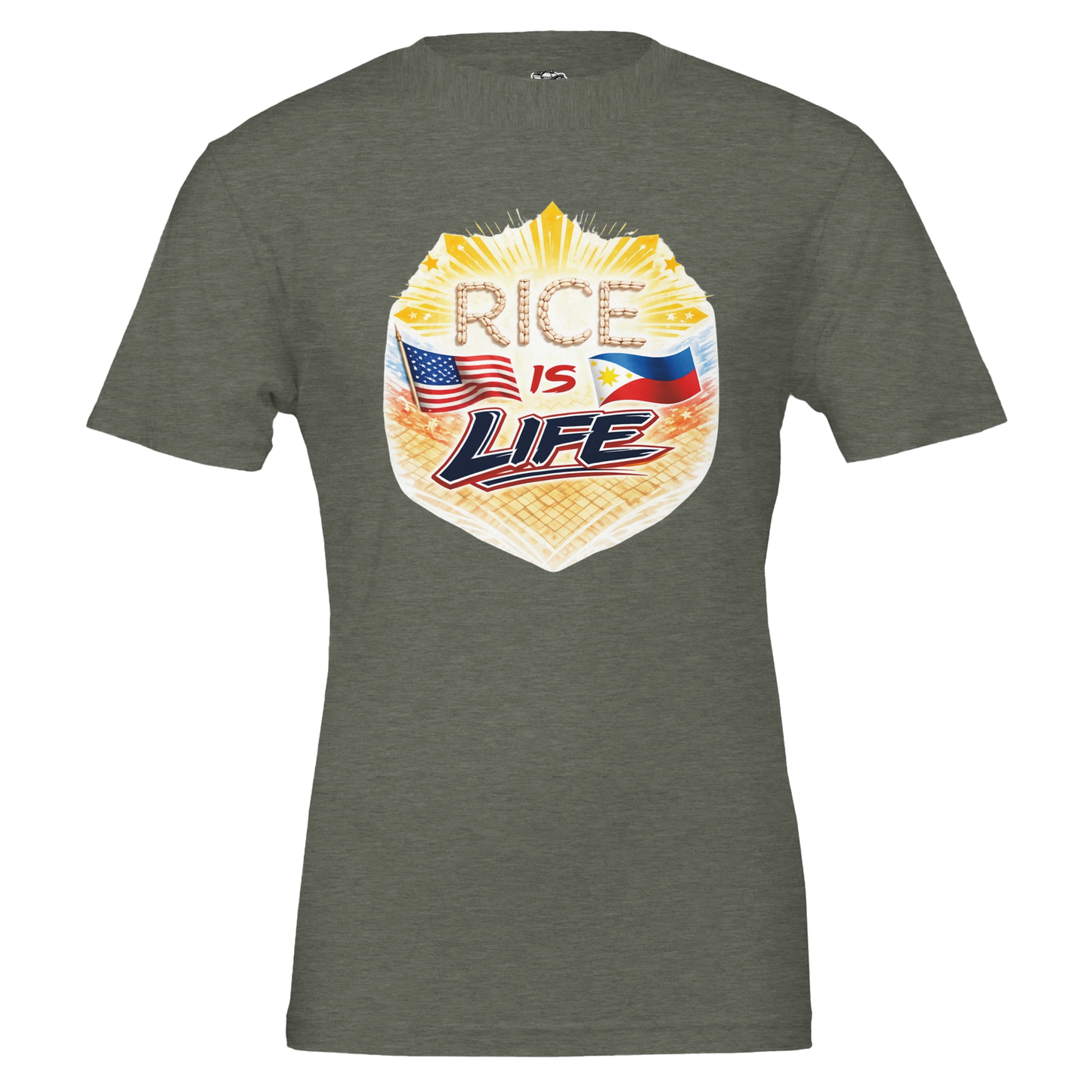 Green t-shirt with 'Rice is Life' graphic design featuring American and Philippine flags on a white background.