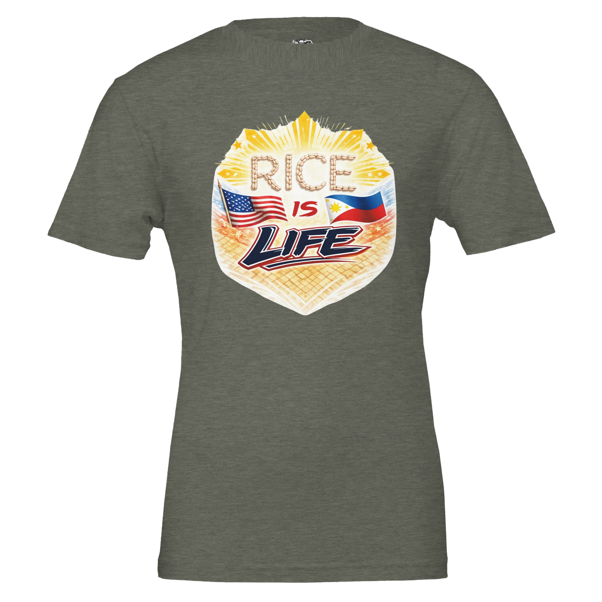Green t-shirt with 'Rice is Life' graphic design featuring American and Philippine flags on a white background.