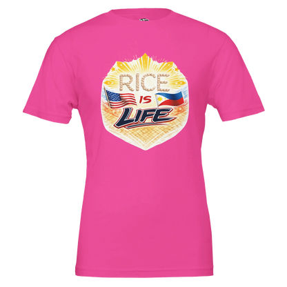 Pink t-shirt with 'Rice is Life' graphic design featuring American and Philippine flags on a white background.