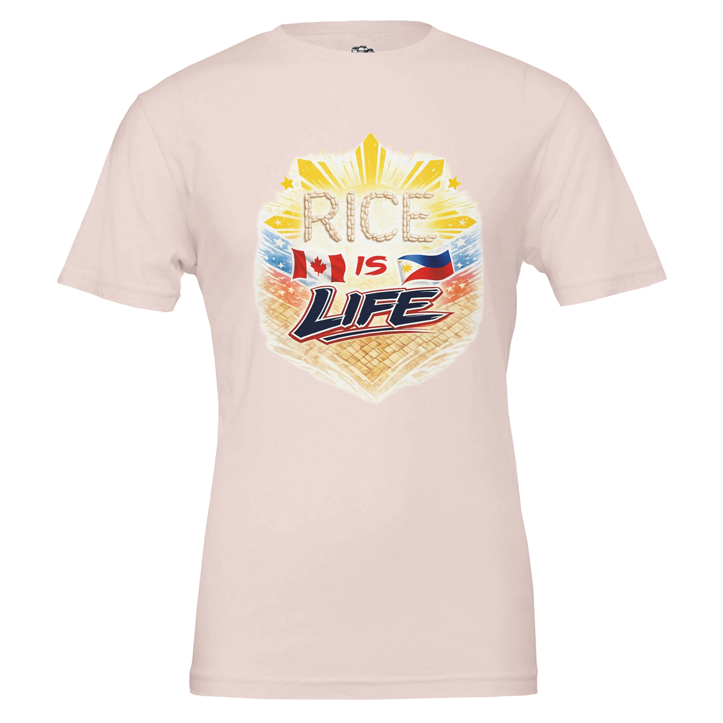 Light pink t-shirt with 'Rice is Life' graphic design on a white background