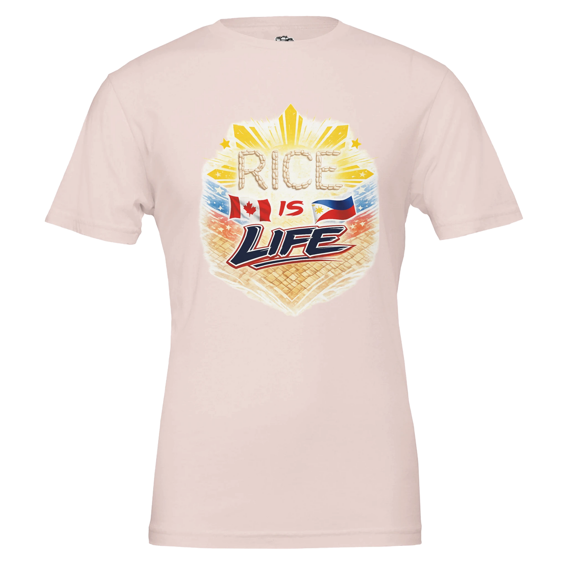 Light pink t-shirt with 'Rice is Life' graphic design on a white background