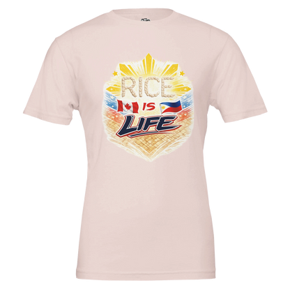 Light pink t-shirt with 'Rice is Life' graphic design on a white background