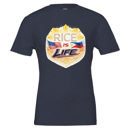 Navy blue t-shirt with 'Rice is Life' graphic design featuring American and Philippine flags on a white background.