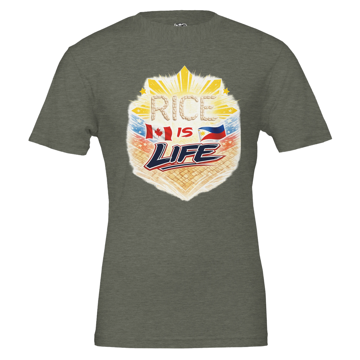 Gray t-shirt with 'Rice is Life' graphic design on a white background