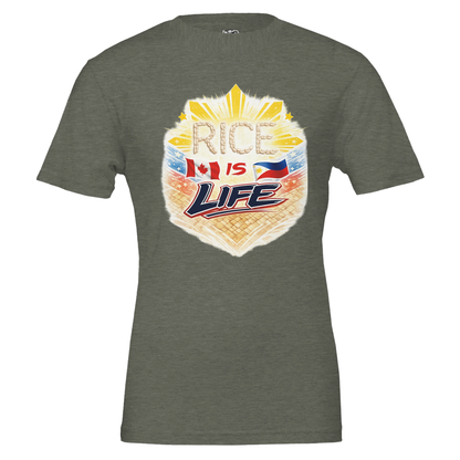 Gray t-shirt with 'Rice is Life' graphic design on a white background