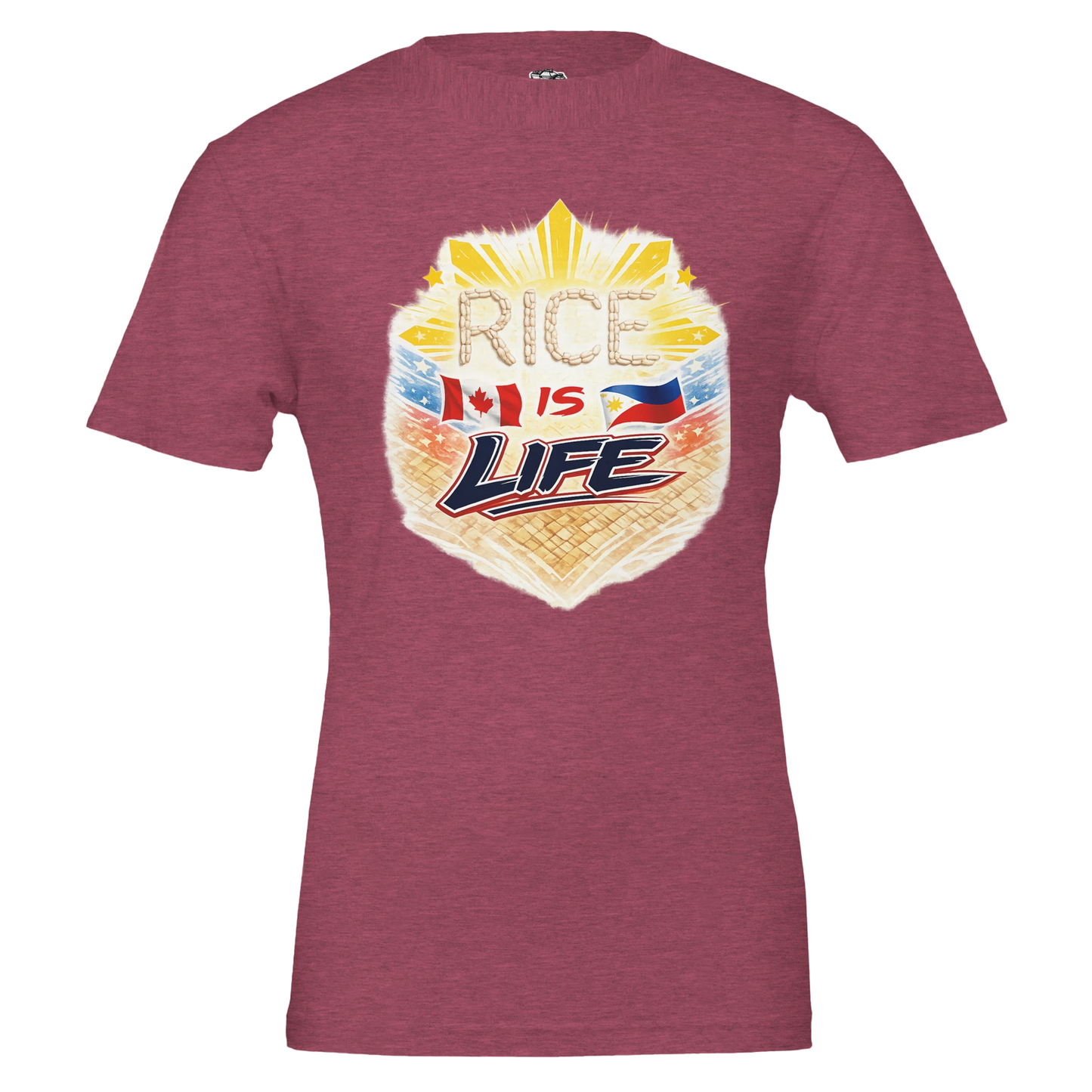 Maroon t-shirt with 'Rice is Life' graphic design on a white background