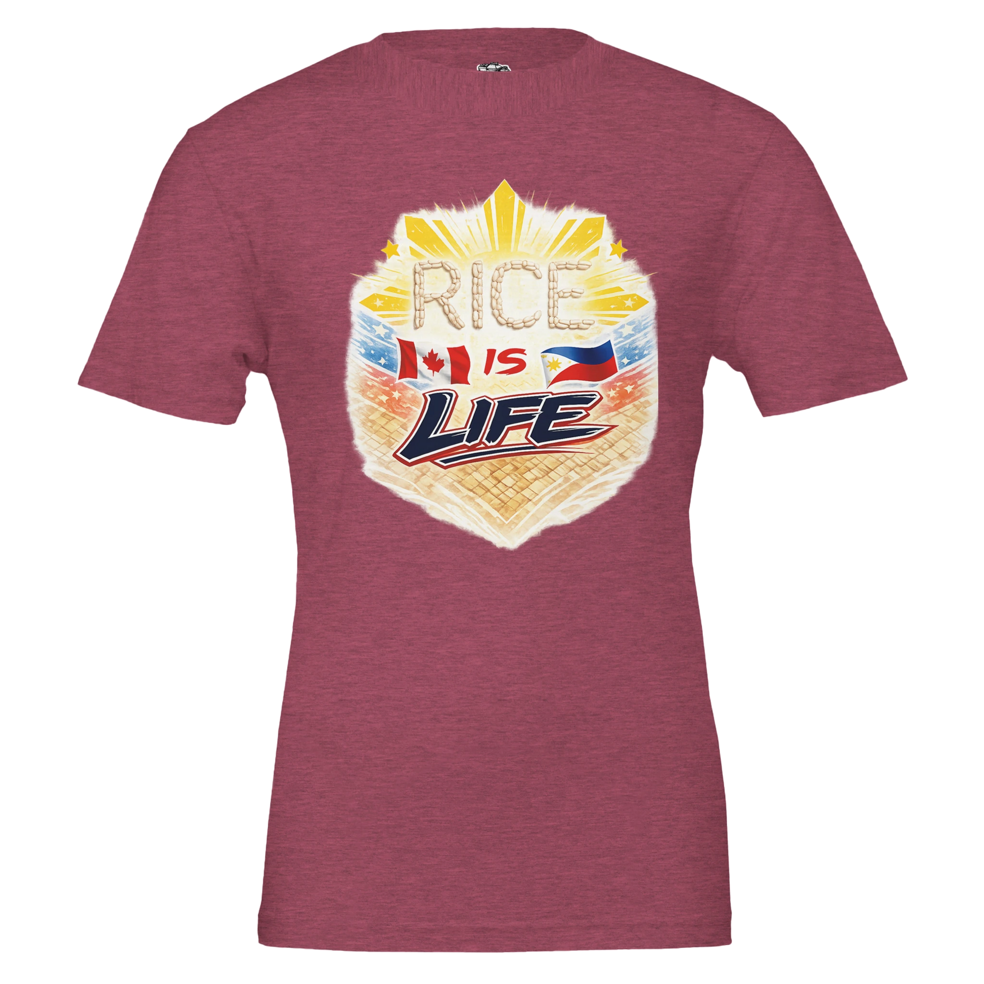 Maroon t-shirt with 'Rice is Life' graphic design on a white background