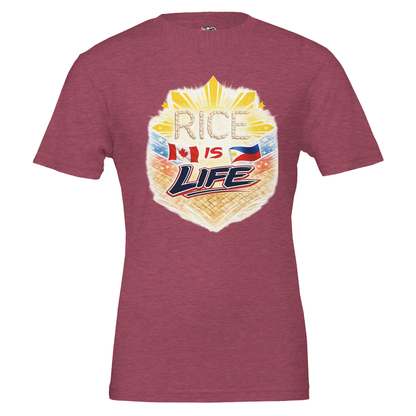 Maroon t-shirt with 'Rice is Life' graphic design on a white background