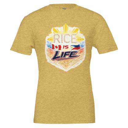 Yellow t-shirt with 'Rice is Life' graphic design on a white background