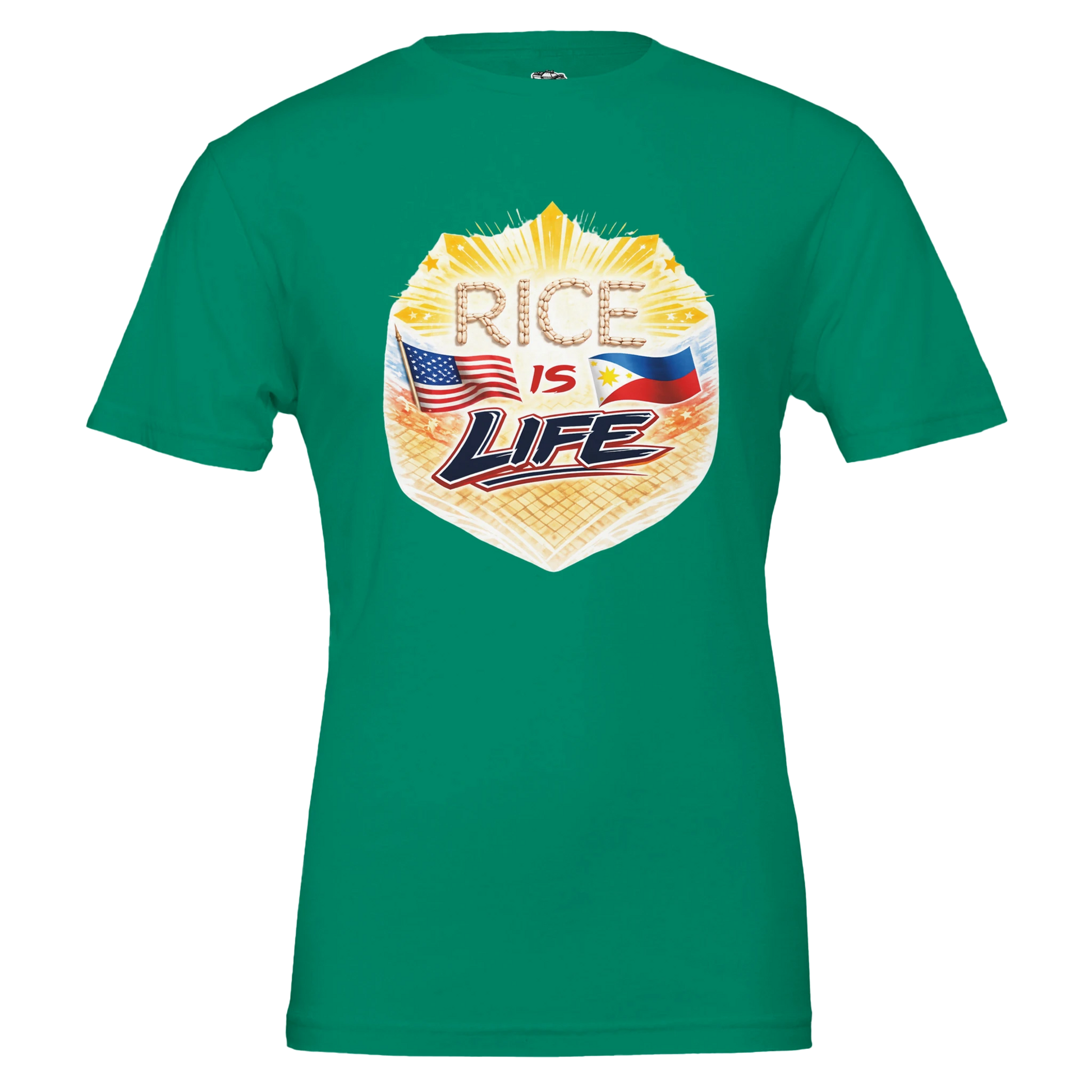 Kelly green t-shirt with 'Rice is Life' graphic design featuring flags on a white background