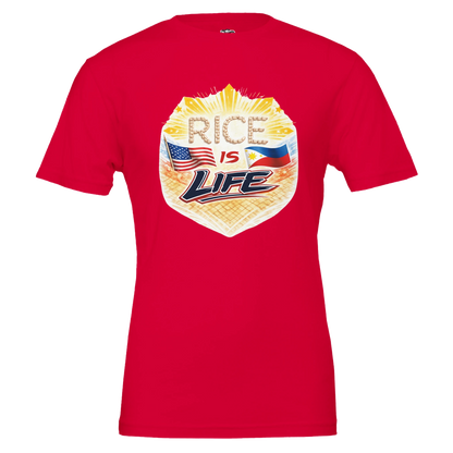 Red t-shirt with 'Rice is Life' graphic design featuring flags on a white background