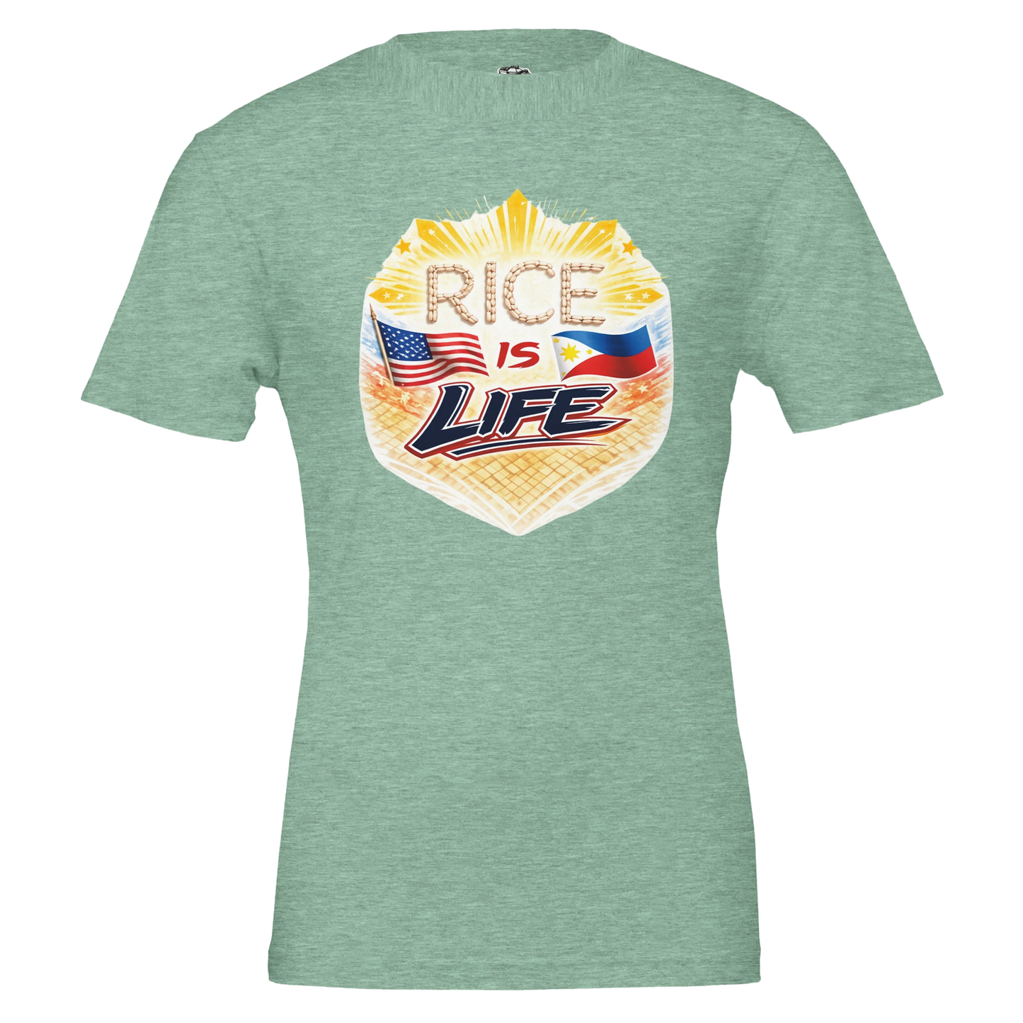 Green t-shirt with 'Rice is Life' graphic design featuring an American flag and Philippine flag on a white background.