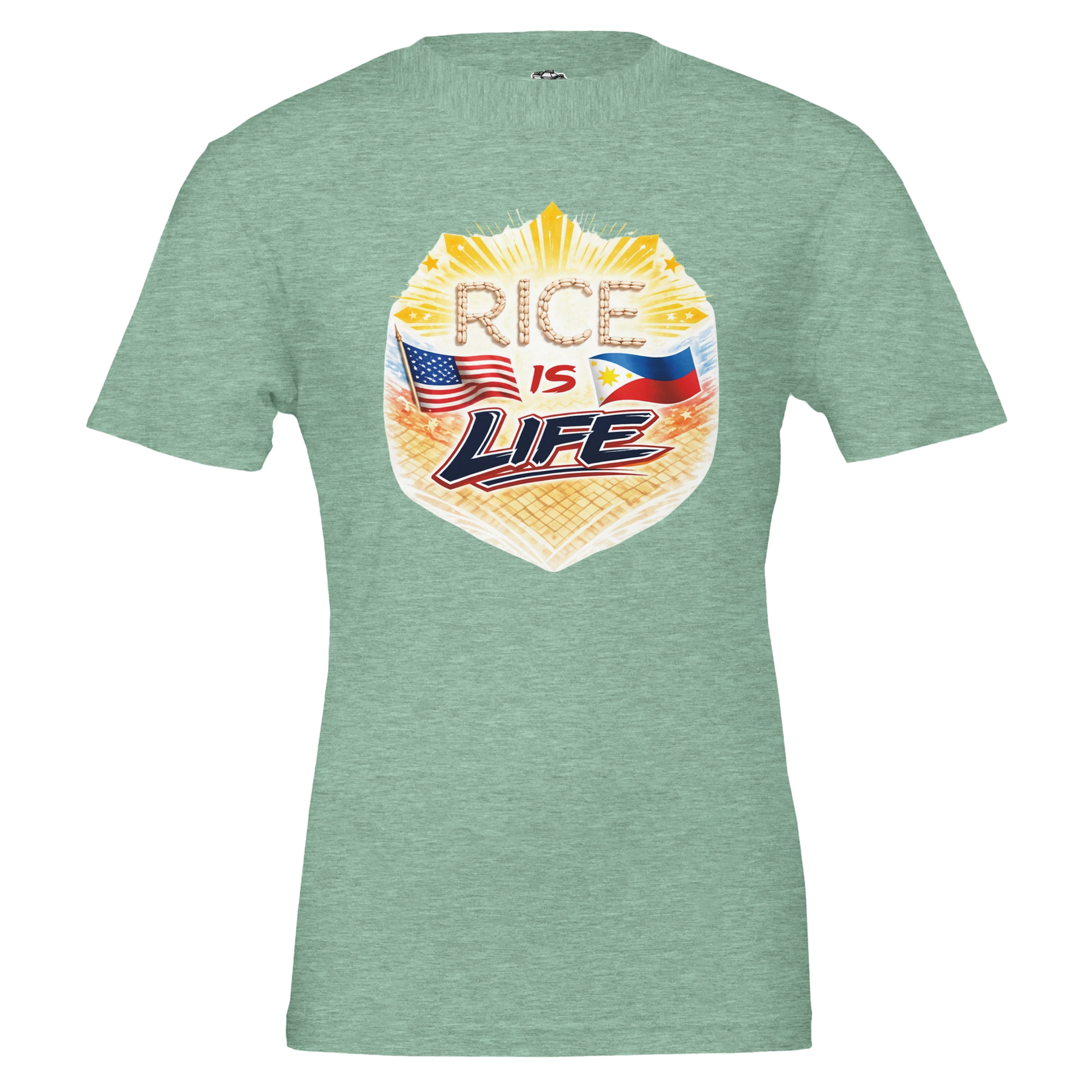 Green t-shirt with 'Rice is Life' graphic design featuring an American flag and Philippine flag on a white background.