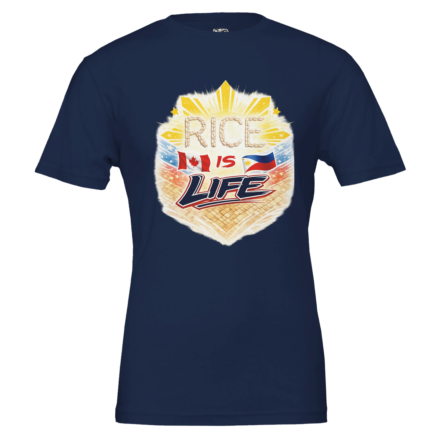 Navy blue t-shirt with 'Rice is Life' graphic design featuring a flag on a white background