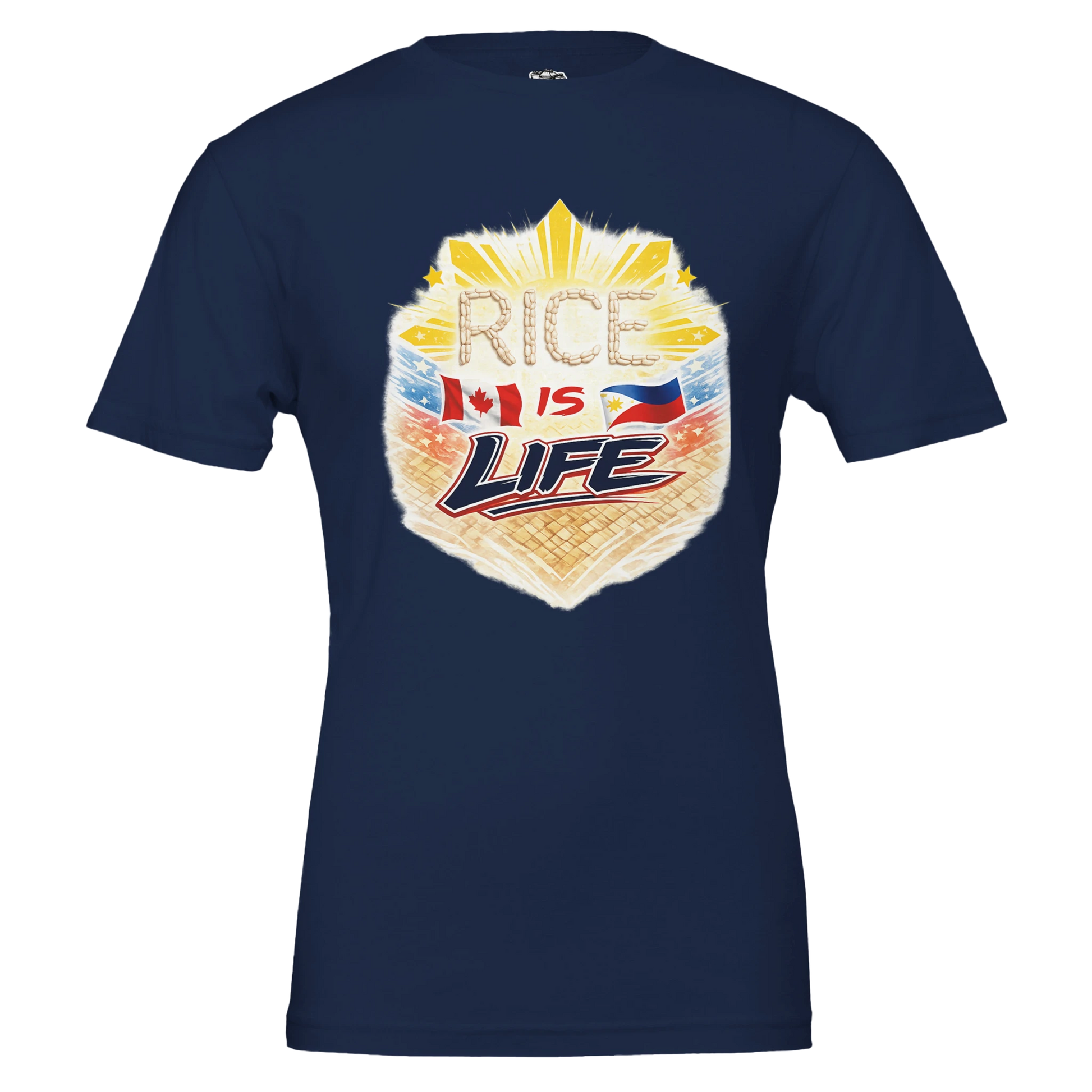 Navy blue t-shirt with 'Rice is Life' graphic design featuring a flag on a white background