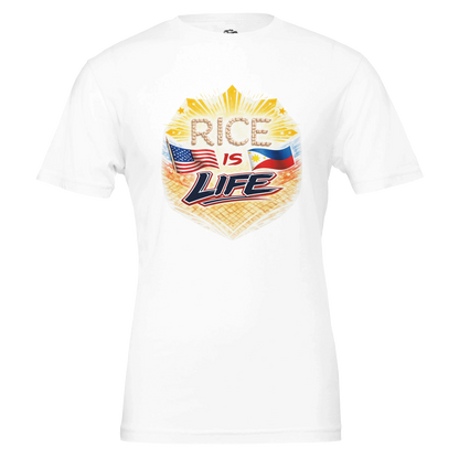 White t-shirt with 'Rice is Life' graphic design featuring American and Philippine flags on a white background.