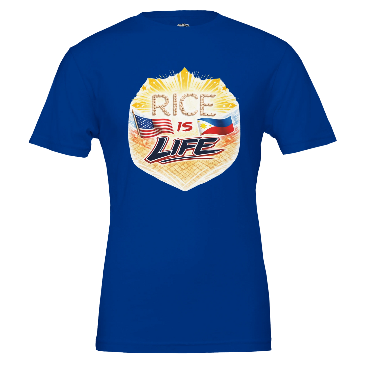 Royal blue t-shirt with 'Rice is Life' graphic design on a white background