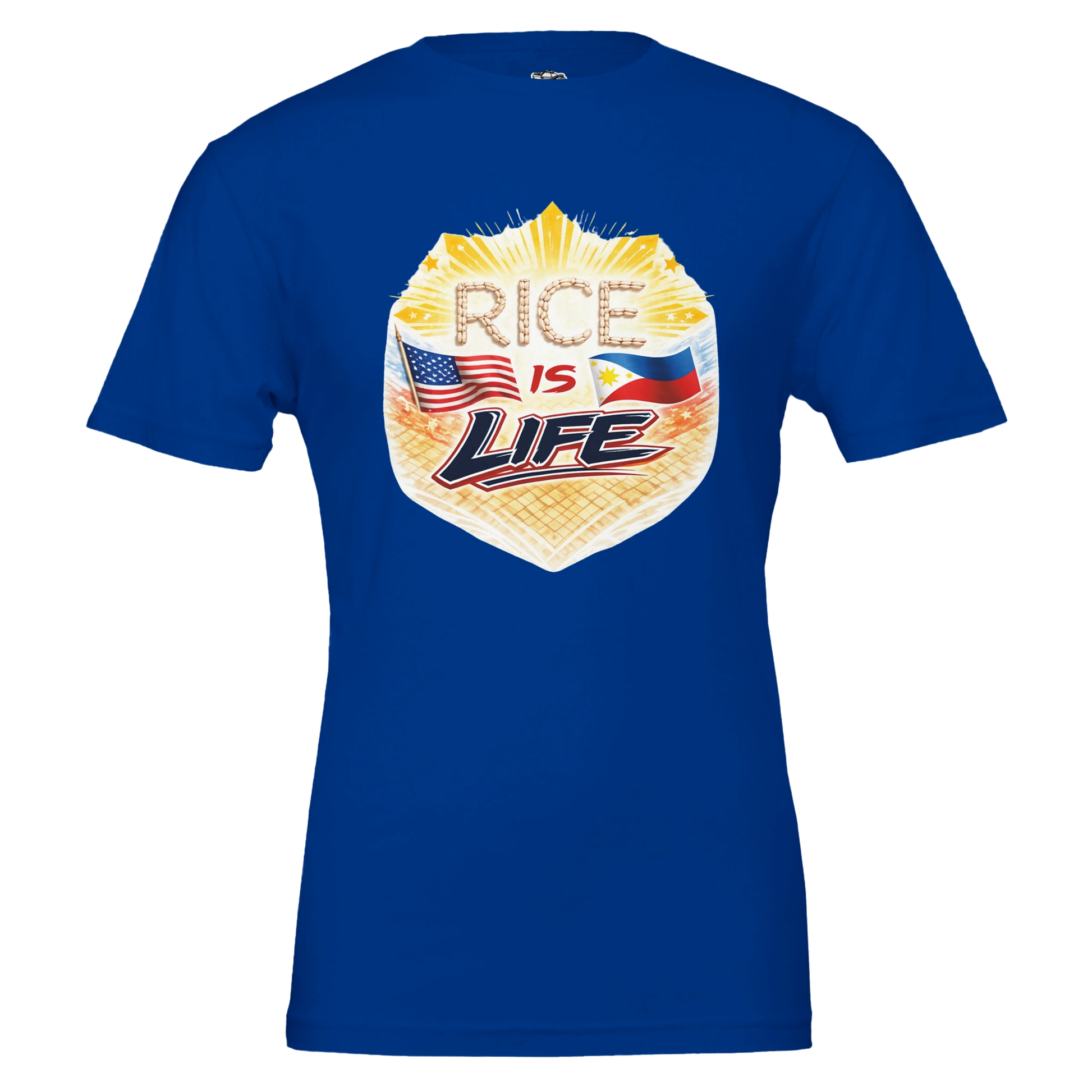 Royal blue t-shirt with 'Rice is Life' graphic design on a white background