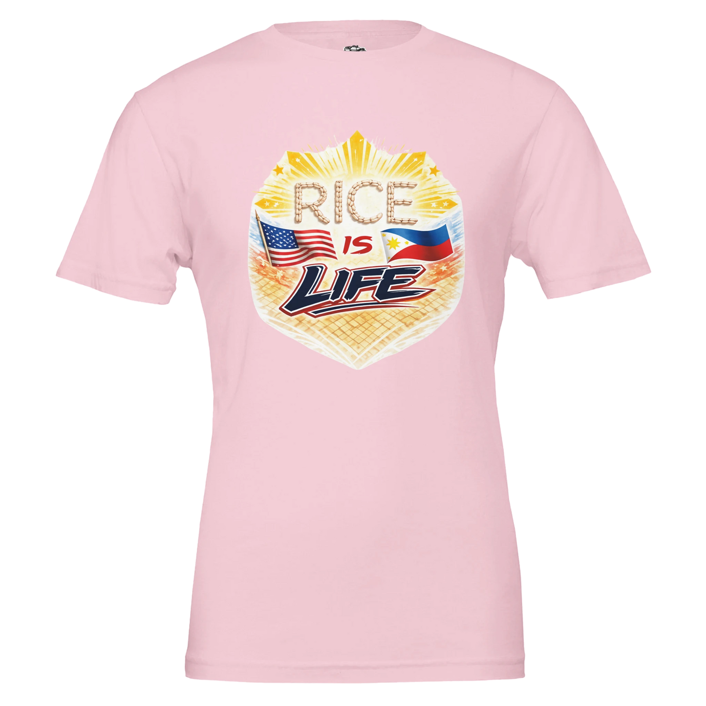 Pink t-shirt with 'Rice is Life' graphic design on a white background