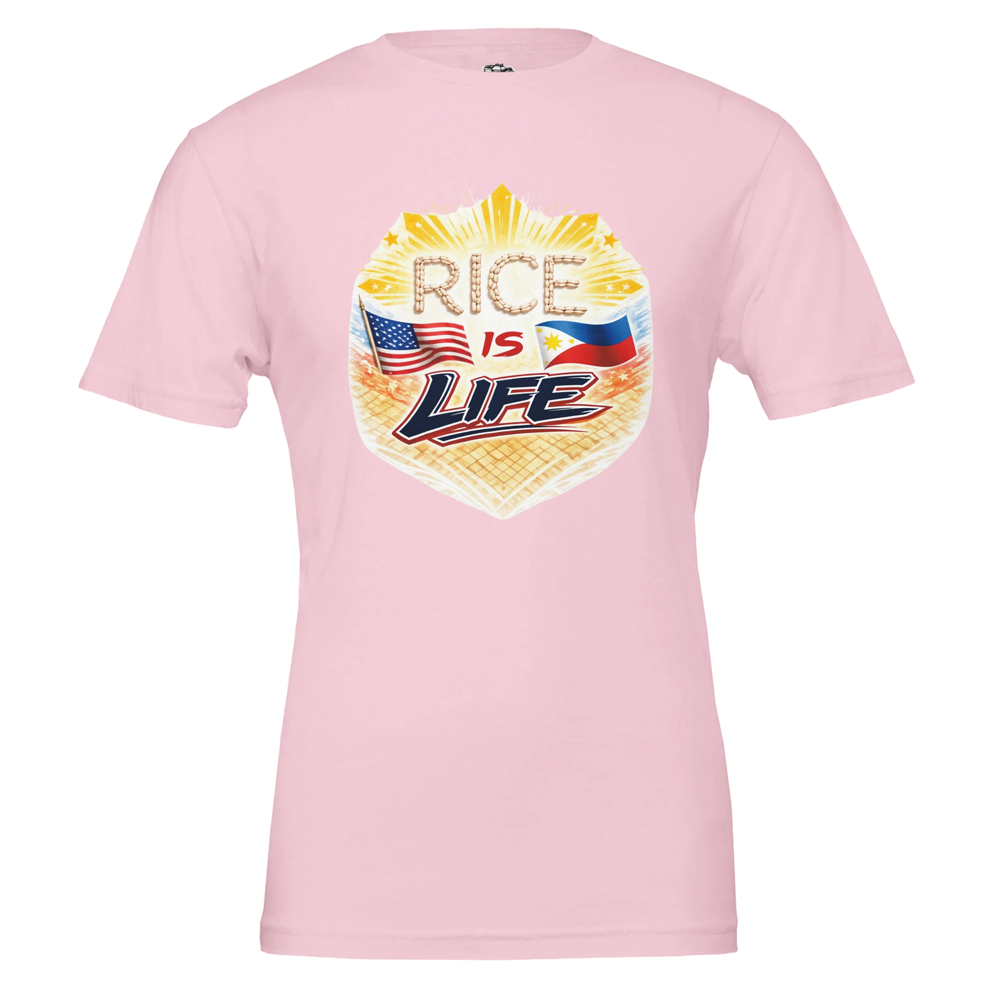 Pink t-shirt with 'Rice is Life' graphic design on a white background