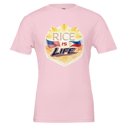 Pink t-shirt with 'Rice is Life' graphic design on a white background