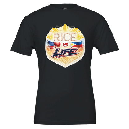 Black t-shirt with 'Rice is Life' graphic design featuring American and Philippine flags on a white background.