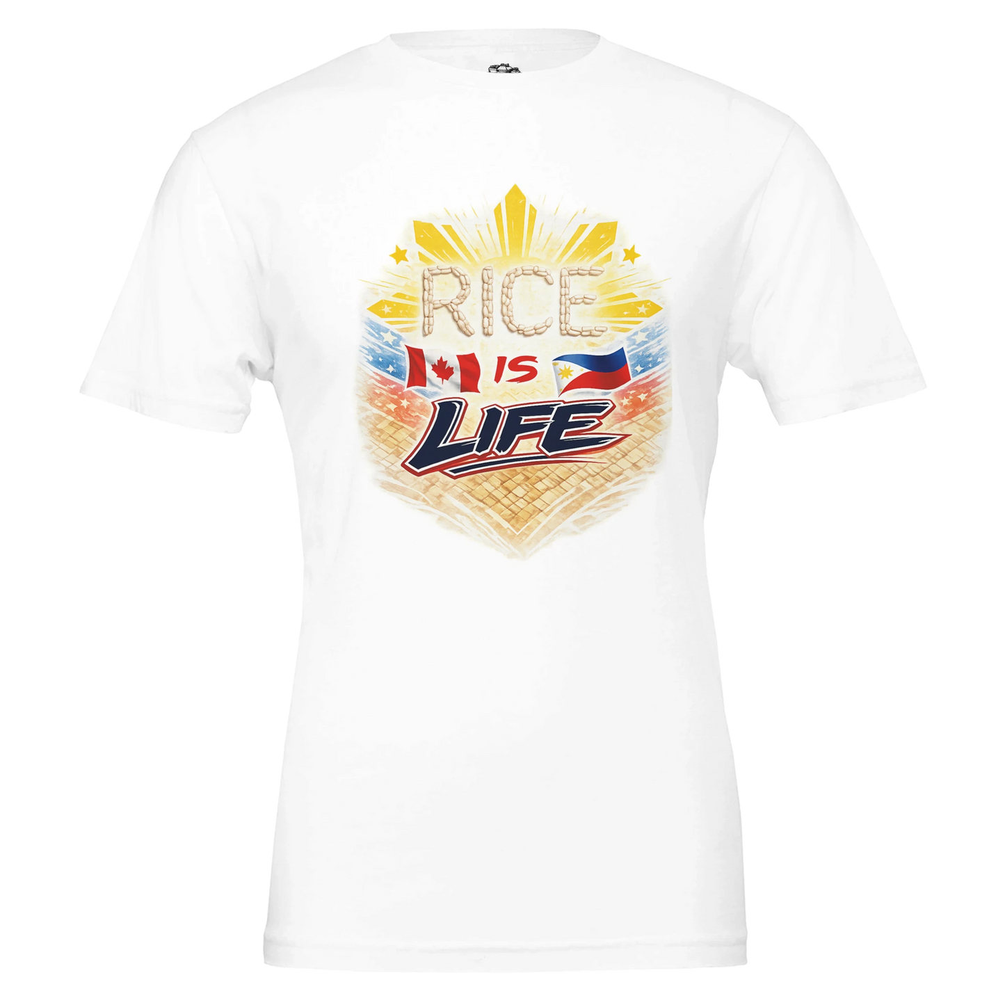 White t-shirt with 'Rice is Life' graphic design on a white background