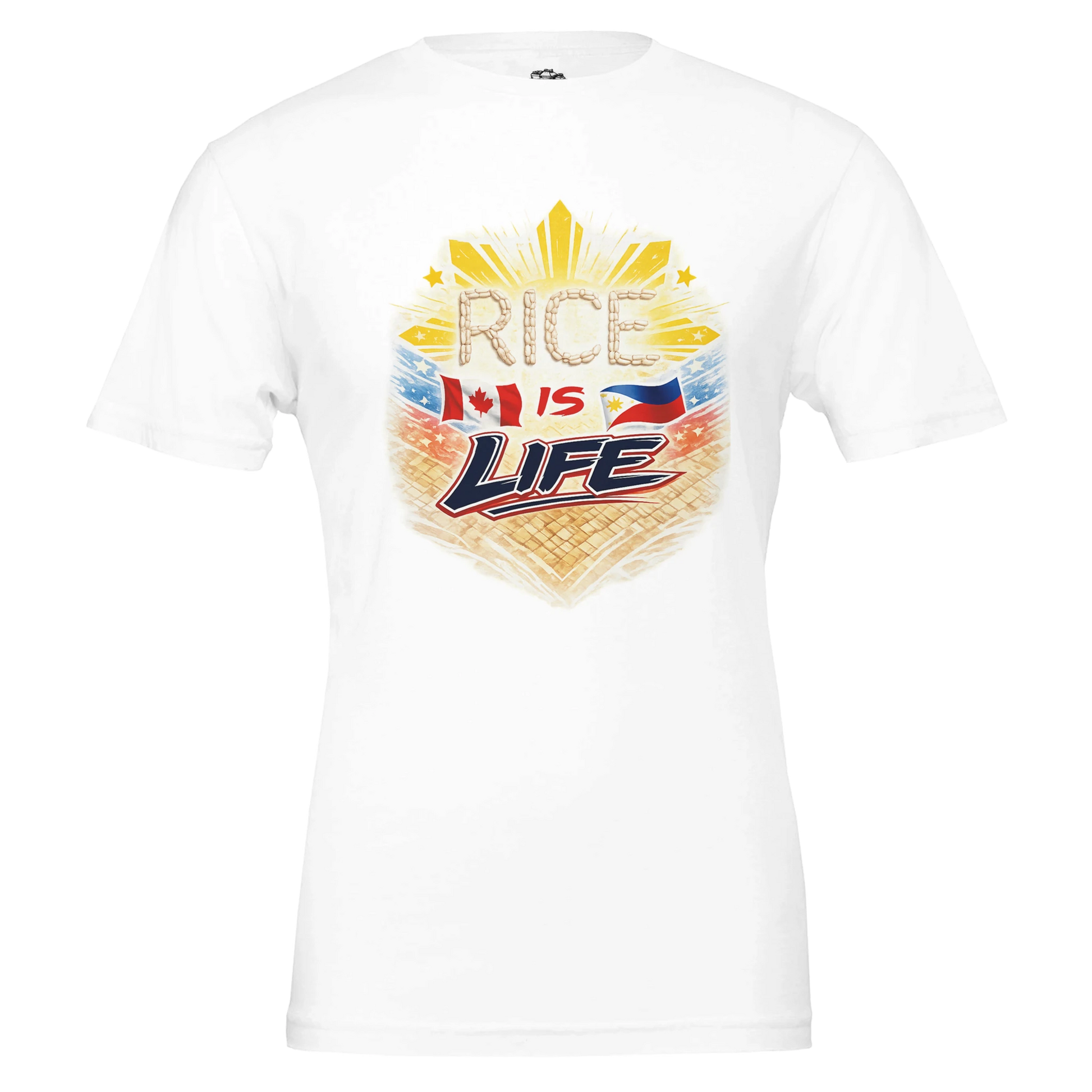 White t-shirt with 'Rice is Life' graphic design on a white background