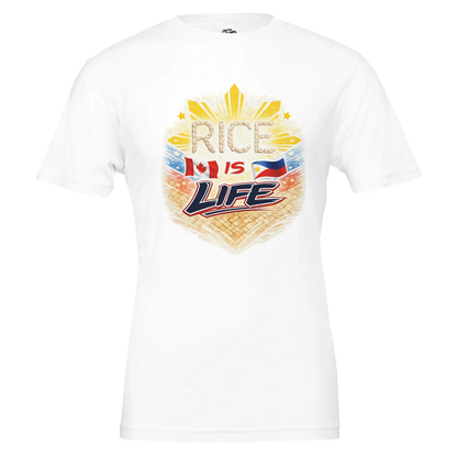 White t-shirt with 'Rice is Life' graphic design on a white background