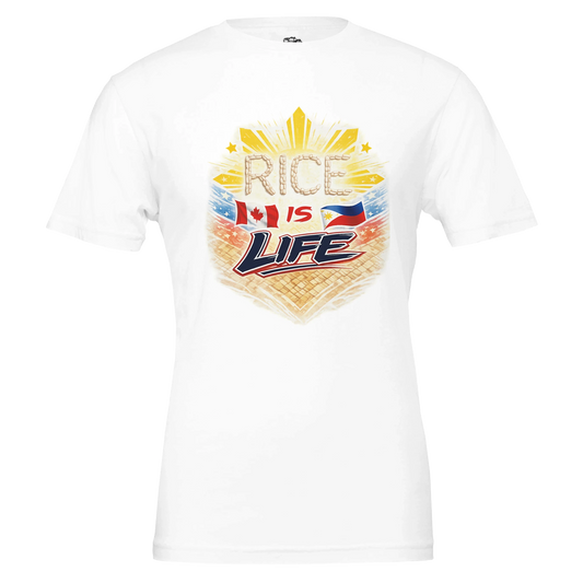 White t-shirt with 'Rice is Life' graphic design on a white background