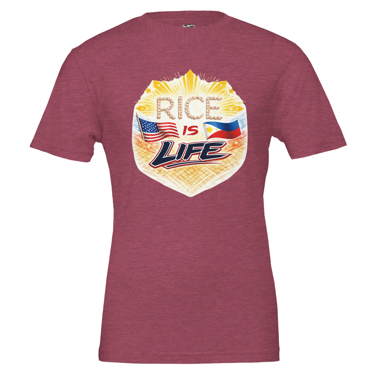 Maroon t-shirt with 'Rice is Life' graphic design featuring American and Philippine flags on a white background.