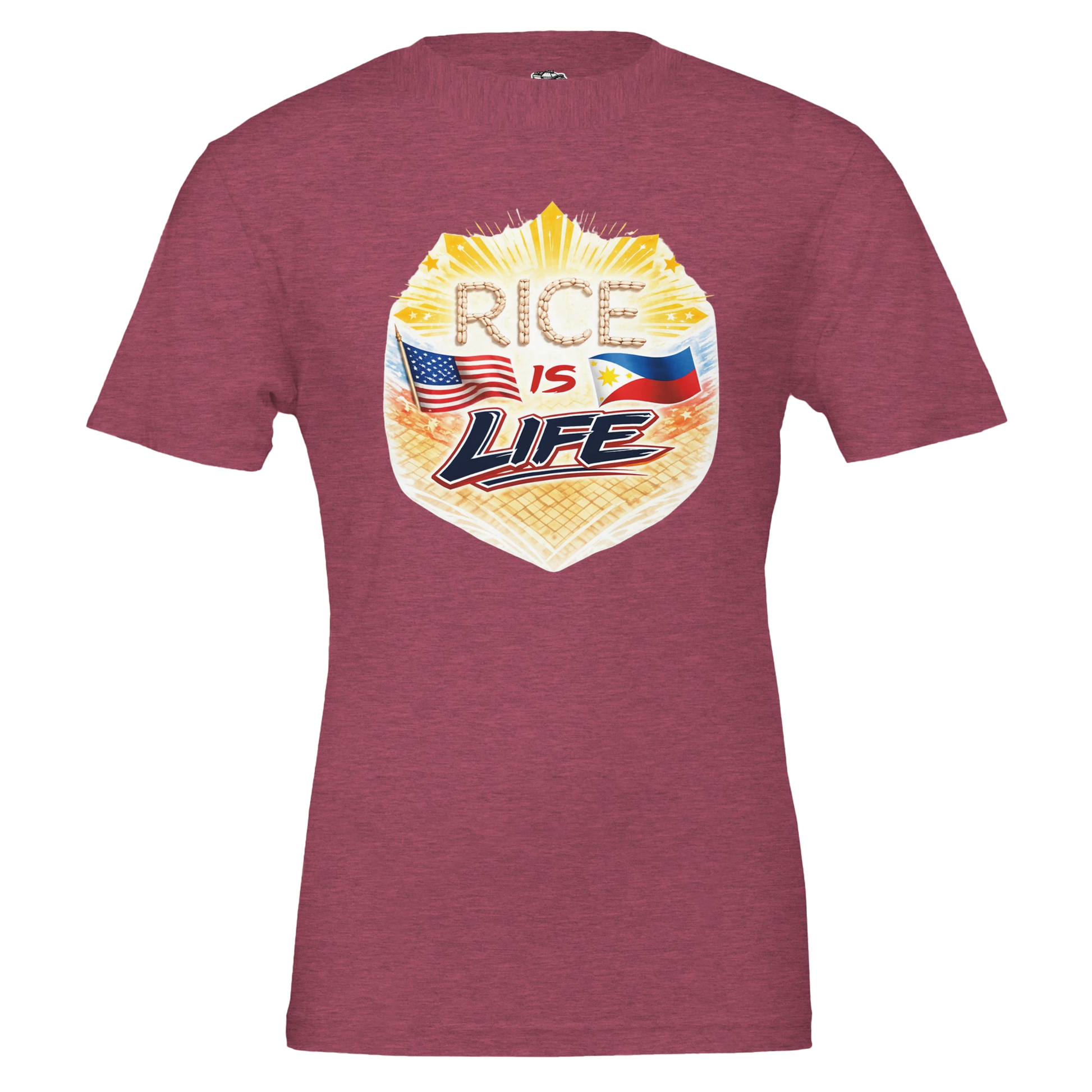 Maroon t-shirt with 'Rice is Life' graphic design featuring American and Philippine flags on a white background.