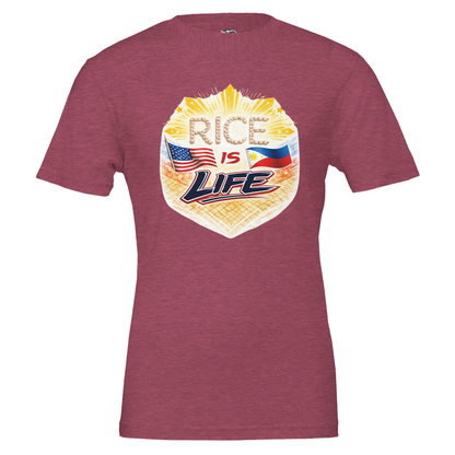 Maroon t-shirt with 'Rice is Life' graphic design featuring American and Philippine flags on a white background.