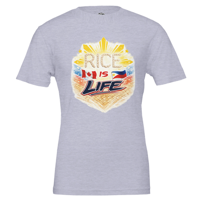 Gray t-shirt with 'Rice is Life' graphic design on a white background