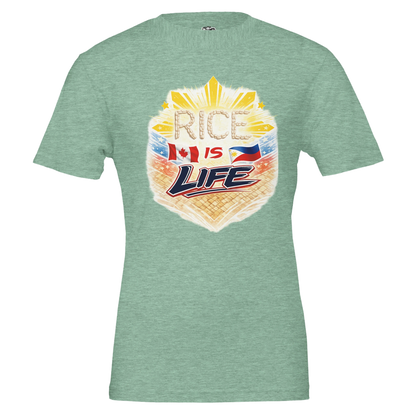 Green t-shirt with 'Rice is Life' graphic design on a white background