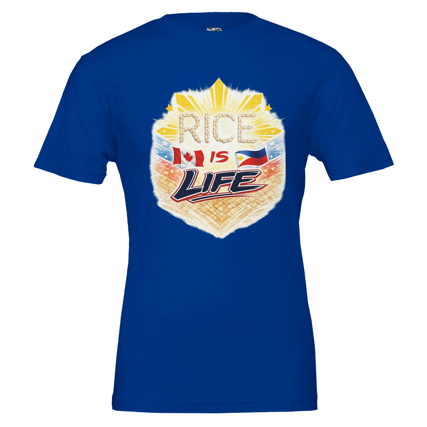 Blue t-shirt with 'Rice is Life' graphic design on a white background