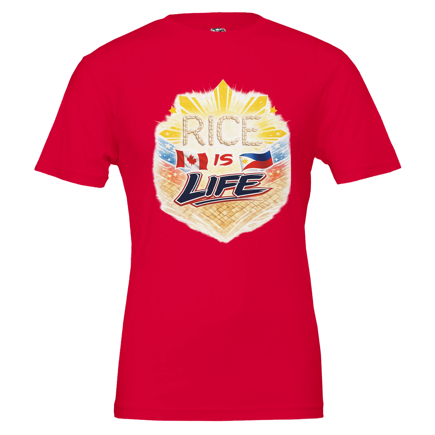 Red t-shirt with 'Rice is Life' graphic design on a white background