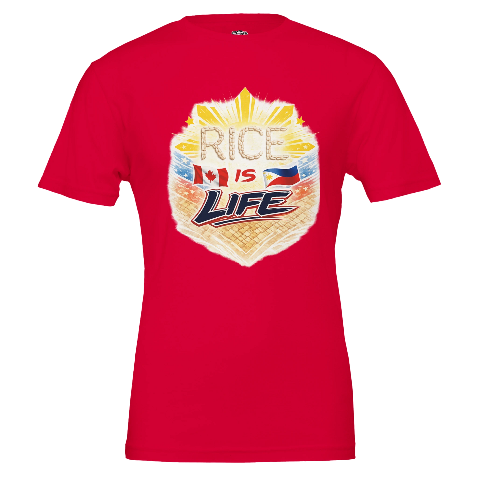 Red t-shirt with 'Rice is Life' graphic design on a white background
