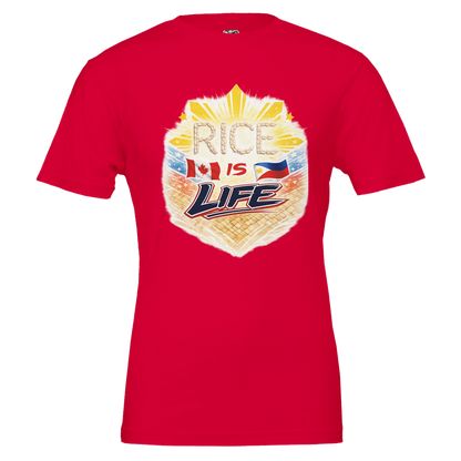 Red t-shirt with 'Rice is Life' graphic design on a white background