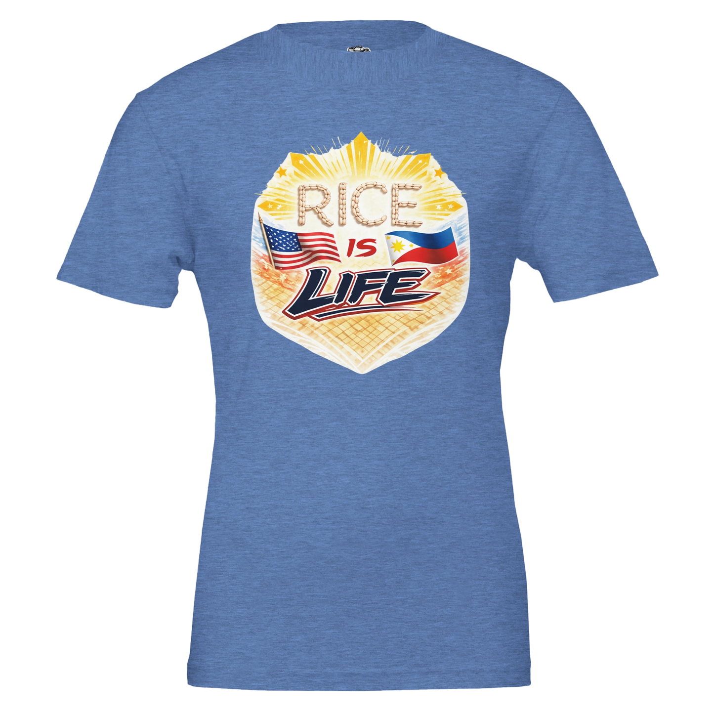 Blue t-shirt with 'Rice is Life' graphic design featuring American and Philippine flags on a white background.