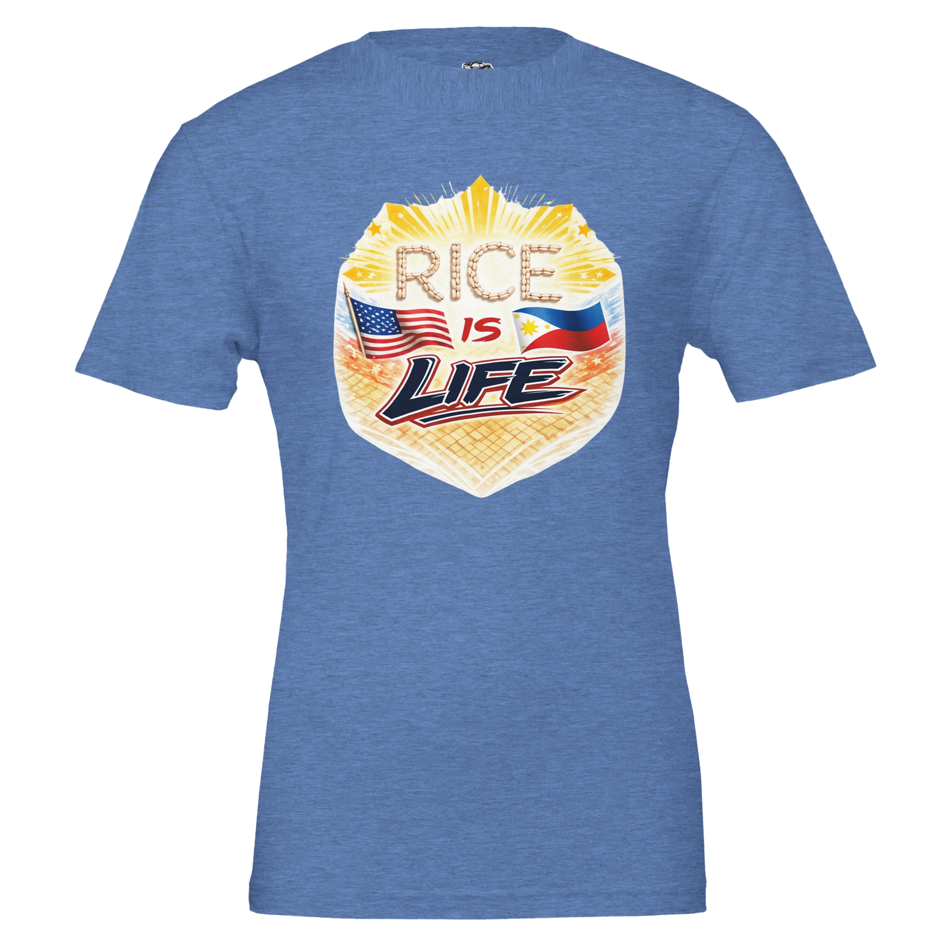 Blue t-shirt with 'Rice is Life' graphic design featuring American and Philippine flags on a white background.