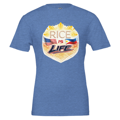 Blue t-shirt with 'Rice is Life' graphic design featuring American and Philippine flags on a white background.