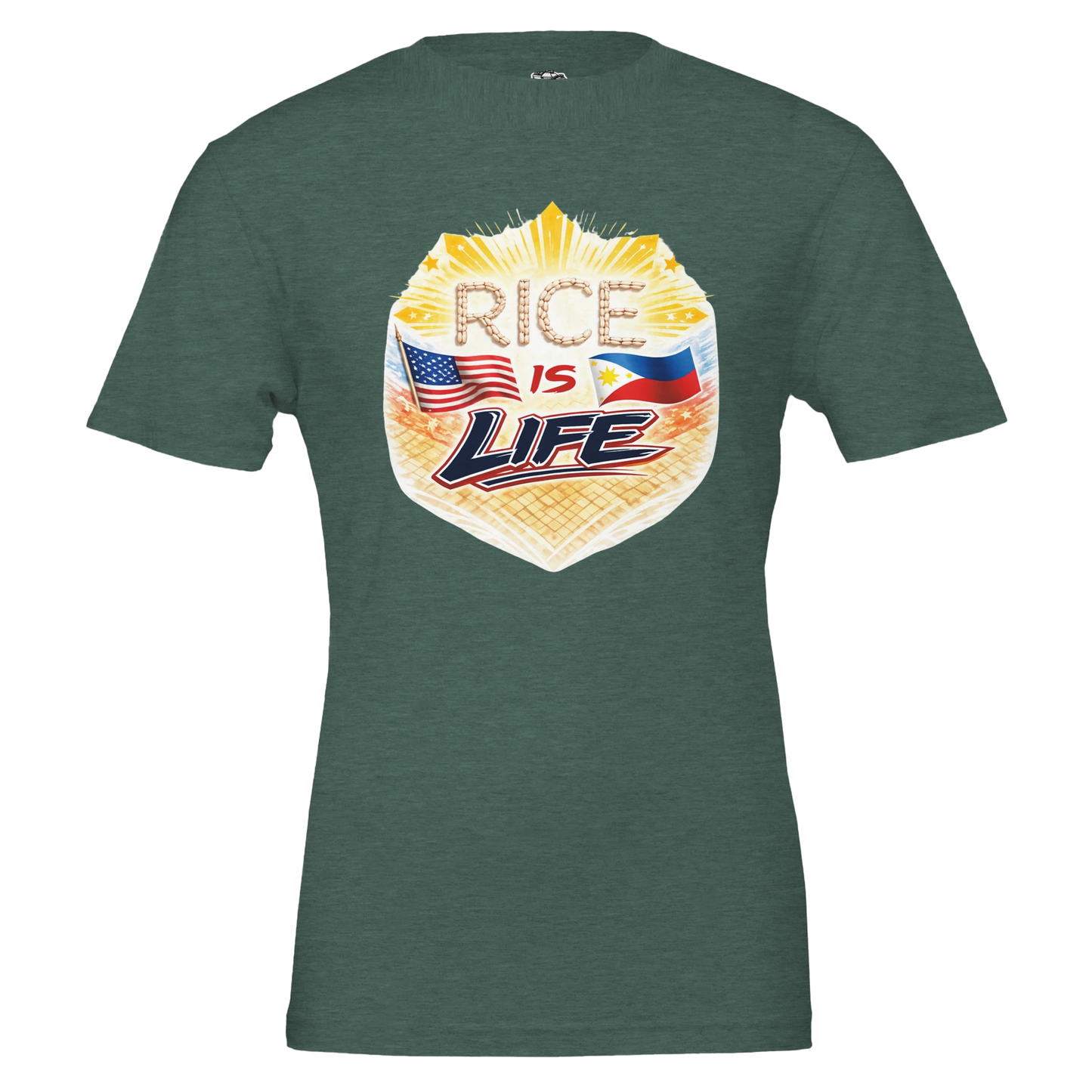 Military green t-shirt with 'Rice is Life' graphic design featuring an American flag and Philippine flag on a white background.