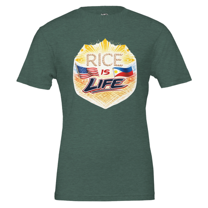 Military green t-shirt with 'Rice is Life' graphic design featuring an American flag and Philippine flag on a white background.