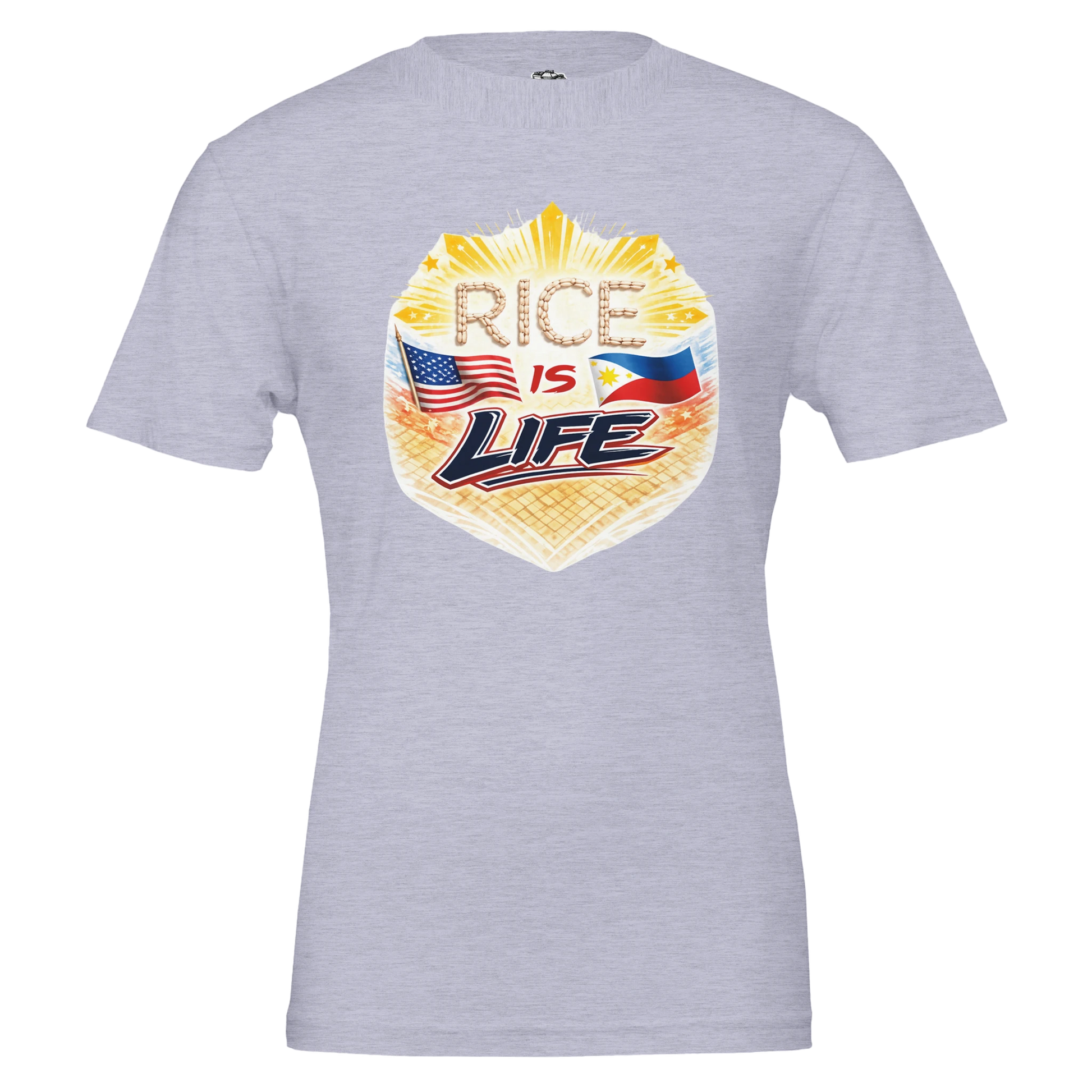 Gray t-shirt with 'Rice is Life' graphic design featuring American and Philippine flags on a white background.