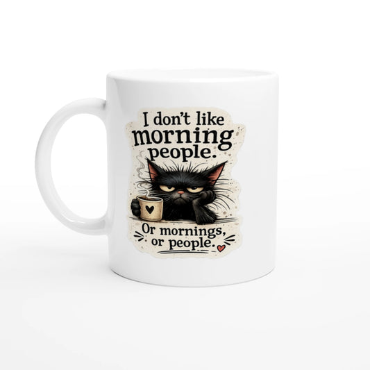 11oz ceramic coffee mug with grumpy black cat and funny morning people quote