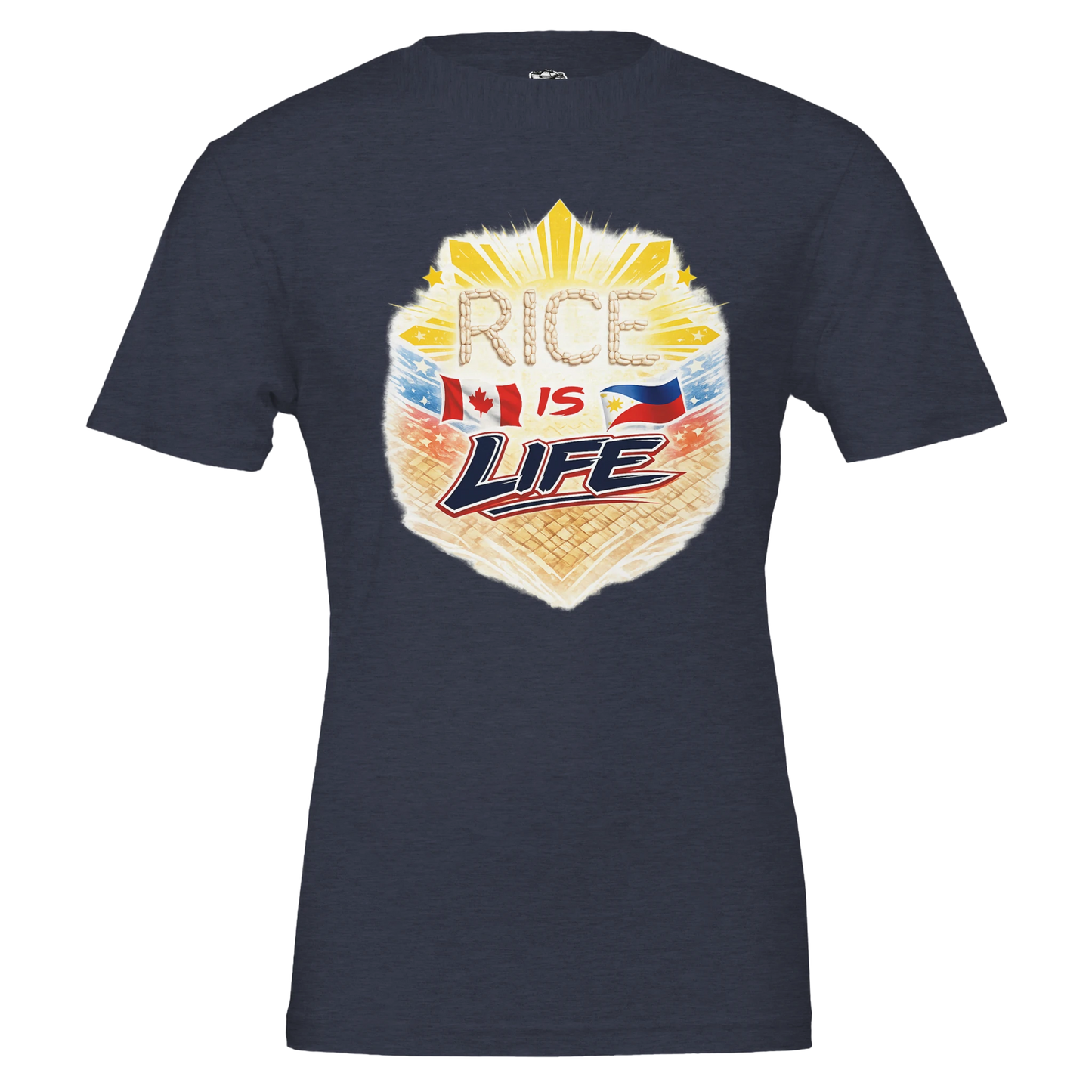 Navy blue t-shirt with 'Rice is Life' graphic design on a white background