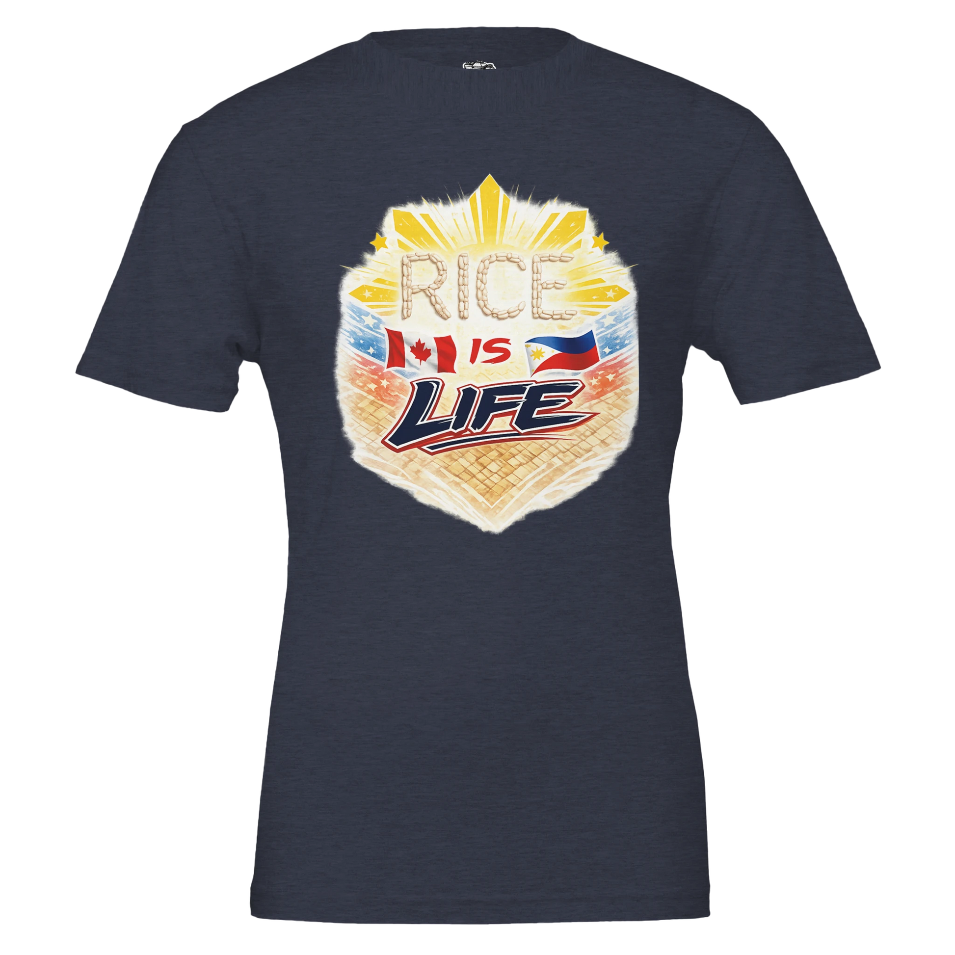 Navy blue t-shirt with 'Rice is Life' graphic design on a white background