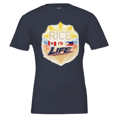 Navy blue t-shirt with 'Rice is Life' graphic design on a white background
