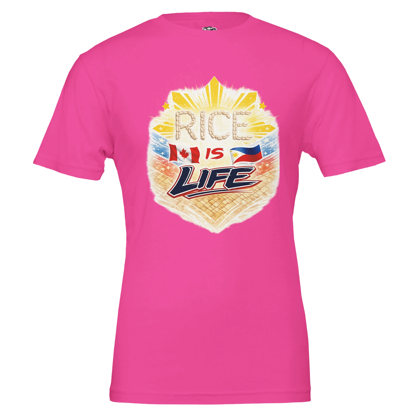 Pink t-shirt with 'Rice is Life' graphic design on a white background